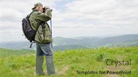  Presentation with trekking - Slides with senior birdwatcher trekking in mountains bieszczady poland background and a gold colored foreground