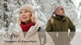  Presentation with weekend - Slide set enhanced with senior-blond-woman-in-winterwear background and a coral colored foreground