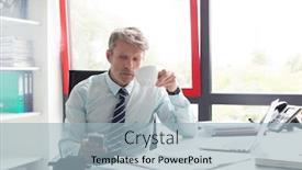  Presentation with office life - Amazing PPT theme having senior business man drinking a coffee and checking smart phone whilst sitting in his small real life office backdrop and a light blue colored foreground