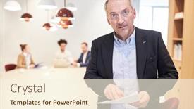  Presentation with conference - Presentation theme with senior-business-man-with-documents background and a cream colored foreground