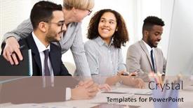  Presentation with teaching - Slide set with senior-business-woman-teaching-young background and a coral colored foreground