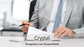  Presentation with business report - Amazing slides having senior businessman hands checking final backdrop and a light gray colored foreground