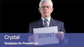  Presentation with black paper - Cool new theme with senior businessman holding a paper with the internet word isolated on black backdrop and a ocean colored foreground