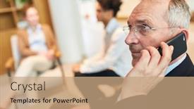  Presentation with smartphone - Slide deck enhanced with senior-businessman-or-consultant-talking background and a  colored foreground