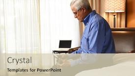  Presentation with bed hotel - Cool new presentation theme with senior businessman seated on the end of the bed his hotel room while using a tablet computer backdrop and a soft green colored foreground