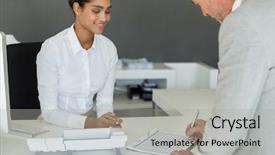  Presentation with receptionist - Colorful slide set enhanced with senior businessman signing attendance sheet backdrop and a light gray colored foreground