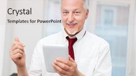  Presentation with tablet - Slides featuring senior-businessman-using-his-tablet background and a lemonade colored foreground