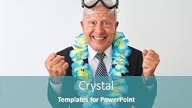  Presentation with hawaiian - Presentation theme having senior businessman wearing suit hawaiian lei diving goggles over isolated white background celebrating surprised and amazed for success with arms raised and open eyes winner concept background and a teal colored foreground