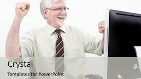  Presentation with winning - Slide deck featuring senior businessman winning in front of computer over white background and a light gray colored foreground