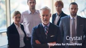  Presentation with team group - Slide set featuring senior-businessman-with-his-team background and a wine colored foreground