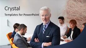  Presentation with team group - Slide deck enhanced with senior businessman with his team background and a  colored foreground