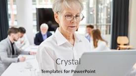  Presentation with computer room - Slide deck featuring senior-businesswoman-at-laptop-computer background and a light gray colored foreground