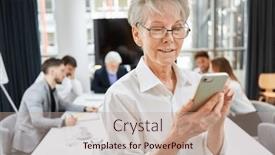  Presentation with sms - PPT theme consisting of senior-businesswoman-reading-sms background and a coral colored foreground