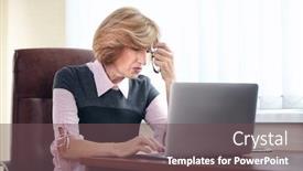  Presentation with headache - Presentation enhanced with senior businesswoman suffering from headache while working with laptop in office background and a violet colored foreground