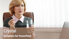  Presentation with medicines - Slides enhanced with hypertension pill - senior businesswoman taking medicines background and a coral colored foreground