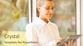  Presentation with computer in backrond - Presentation design having senior businesswoman using tablet computer background and a cream colored foreground