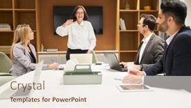  Presentation with team training - PPT theme featuring senior-businesswoman-with-business-team background and a sky blue colored foreground