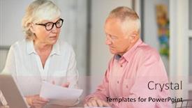  Presentation with discussion - Slide set with senior businesswoman with grey hair showing her colleague one of papers during discussion background and a lemonade colored foreground