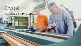  Presentation with apprentice - Presentation design featuring senior carpenter and female apprentice working on band grinder in the workshop background and a light gray colored foreground