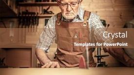  Presentation with carpenter - PPT theme having senior carpenter at work with tablesaw in his workshop background and a tawny brown colored foreground