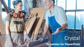  Presentation with wisdom - Colorful presentation design enhanced with senior-carpenter-sharing-wisdom backdrop and a ocean colored foreground