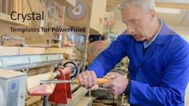  Presentation with carpenter - Colorful theme enhanced with senior carpenter working at workshop backdrop and a coral colored foreground