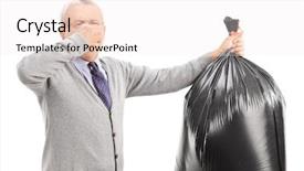  Presentation with garbage - Audience pleasing PPT theme consisting of senior carrying a stinky garbage bag isolated on white background backdrop and a sky blue colored foreground