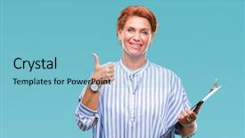  Presentation with fingers - Amazing PPT theme having senior caucasian business woman holding backdrop and a light blue colored foreground
