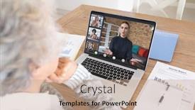  Presentation with business communication - Presentation theme having senior-caucasian-businesswoman-at-desk background and a coral colored foreground