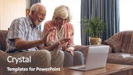  Presentation with happy retirement - Audience pleasing slide set consisting of senior caucasian couple making video backdrop and a violet colored foreground