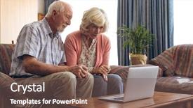  Presentation with happy retirement - Presentation design featuring senior caucasian couple making video background and a violet colored foreground