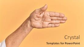 Presentation with hand palm - Beautiful PPT layouts featuring senior-caucasian-hand-over-yellow backdrop and a yellow colored foreground