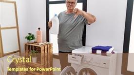  Presentation with laundry detergent - PPT layouts featuring senior-caucasian-man-doing-laundry background and a  colored foreground