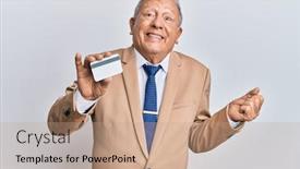  Presentation with credit card - PPT layouts featuring senior-caucasian-man-holding-credit background and a coral colored foreground