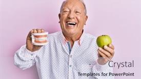  Presentation with green apple - PPT theme consisting of senior-caucasian-man-holding-denture background and a lemonade colored foreground