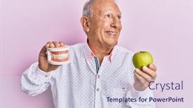  Presentation with denture - Colorful presentation enhanced with senior-caucasian-man-holding-denture backdrop and a lemonade colored foreground