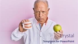  Presentation with green apple - Colorful slide deck enhanced with senior-caucasian-man-holding-denture backdrop and a lemonade colored foreground