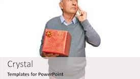  Presentation with gift - PPT theme with senior-caucasian-man-holding-gift background and a light gray colored foreground