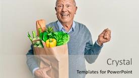  Presentation with paper bag - Presentation design featuring senior-caucasian-man-holding-paper background and a light gray colored foreground