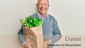  Presentation with paper bag - PPT layouts consisting of senior-caucasian-man-holding-paper background and a coral colored foreground