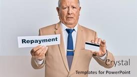  Presentation with payment - Amazing PPT theme having senior-caucasian-man-holding-payment backdrop and a coral colored foreground