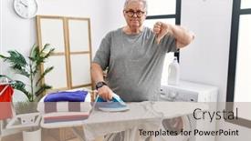  Presentation with ironing - Presentation theme with senior-caucasian-man-ironing-clothes background and a light gray colored foreground