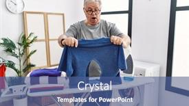  Presentation with laundry room - Slide set having senior-caucasian-man-ironing-holding background and a ocean colored foreground
