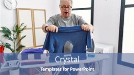  Presentation with laundry room - Presentation design featuring senior-caucasian-man-ironing-holding background and a ocean colored foreground