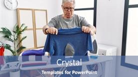  Presentation with laundry room - Presentation design consisting of senior-caucasian-man-ironing-holding background and a ocean colored foreground