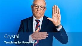  Presentation with hand palm - Presentation theme consisting of senior-caucasian-man-wearing-business background and a ocean colored foreground