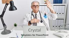  Presentation with hand palm - Presentation having senior-caucasian-man-wearing-doctor background and a light gray colored foreground