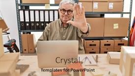  Presentation with hand palm - Presentation theme featuring senior-caucasian-man-working background and a coral colored foreground