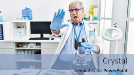 Presentation with scientist - Presentation design having senior-caucasian-man-working background and a light blue colored foreground