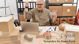  Presentation with working - Slide set with senior-caucasian-man-working background and a  colored foreground